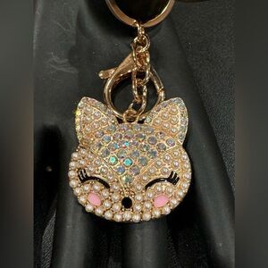 BAG CHARM  Gold Tone Clear Crystal Kitty Face Bag Charm Keychain Mint